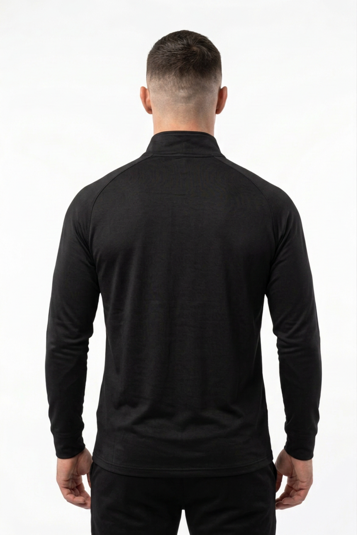 Men's black quarter-zip performance pullover back view