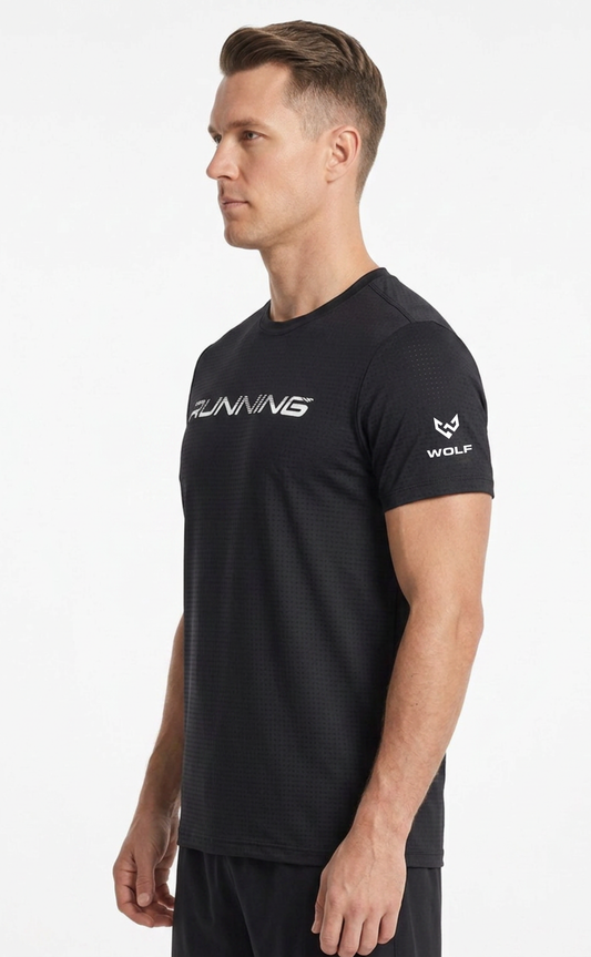 Side view of men’s black RUNNING athletic T-shirt with Wolf Gears sleeve logo