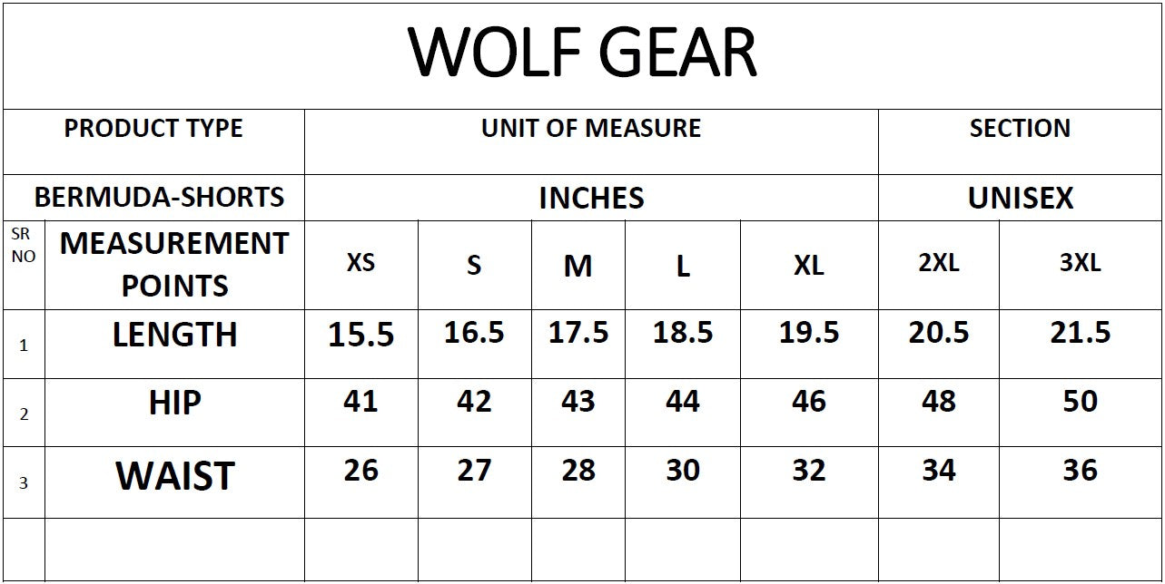 Measurement chart for Bermuda shorts by Wolf Gear, showing size chart in inches.