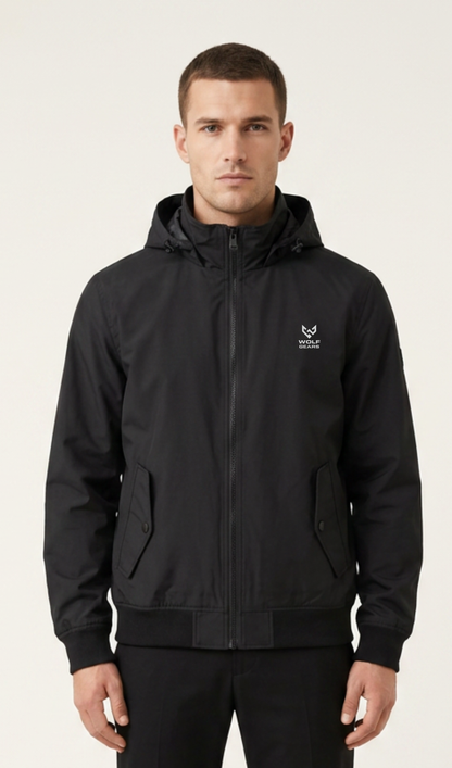 Men’s solid-black hooded windbreaker jacket with full zipper, flap pockets and Wolf Gears logo