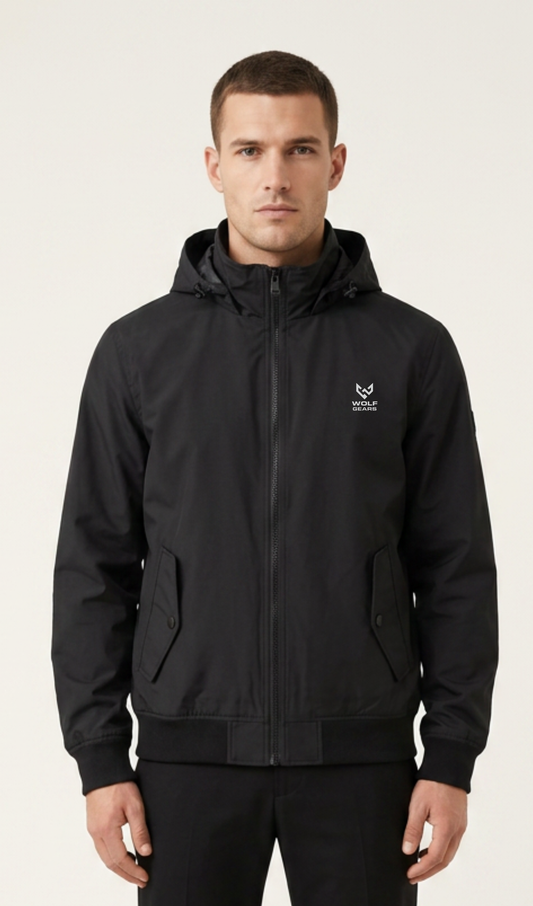 Men’s solid-black hooded windbreaker jacket with full zipper, flap pockets and Wolf Gears logo