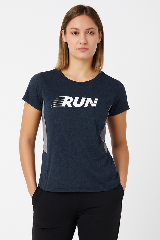 Women wearing a navy-blue running T-shirt with grey side panels and white RUN chest graphic