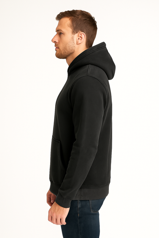 Side view of men’s black acid wash pullover hoodie made from 270 GSM polyester fleece