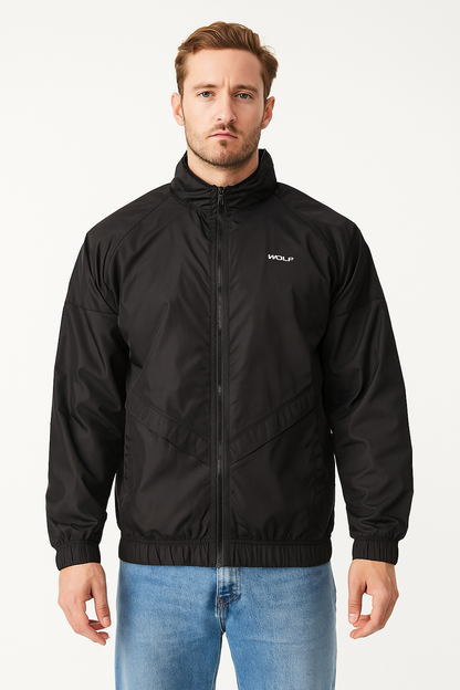 Men’s Black Hooded Windbreaker Jacket – Lightweight Polyester