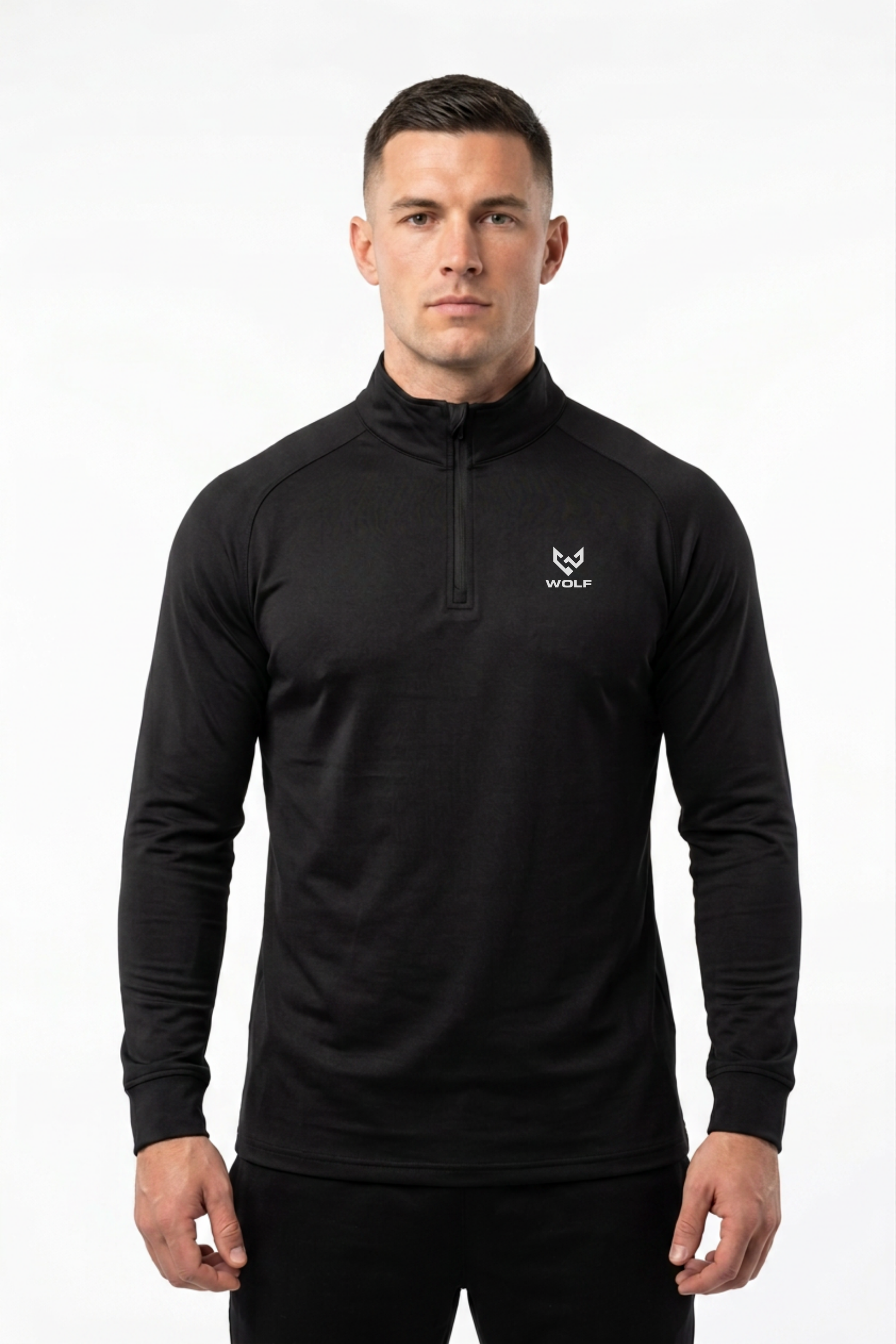 Wolf Gears men's black quarter-zip training top front view 