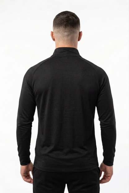 Men's black quarter-zip performance pullover back view