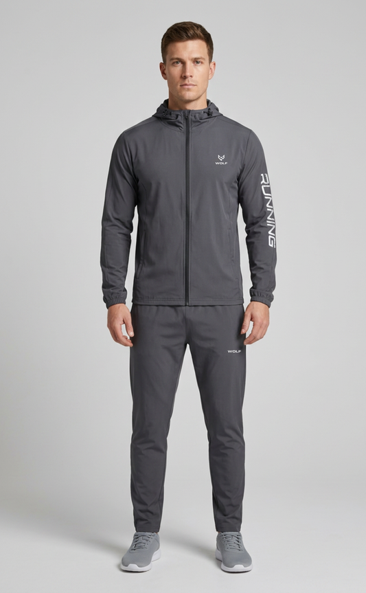 Front view of men’s grey hooded running tracksuit with full-zip jacket and tapered pants