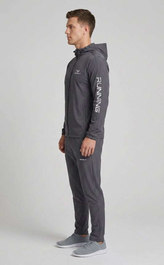  Side view of men’s grey hooded running tracksuit with RUNNING sleeve graphic