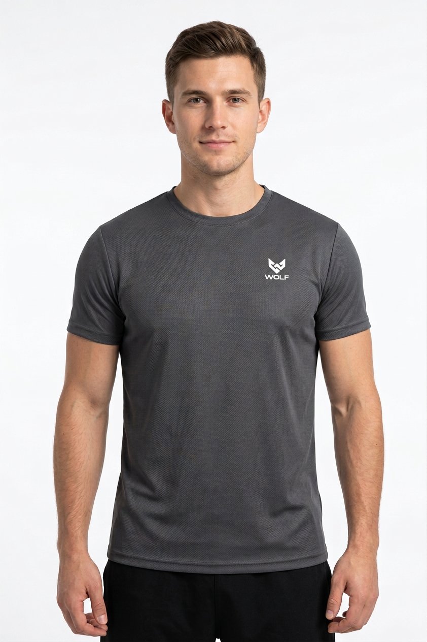 Front view of men’s black RUNNING graphic textured performance T-shirt