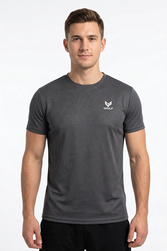 Front view of men’s black RUNNING graphic textured performance T-shirt