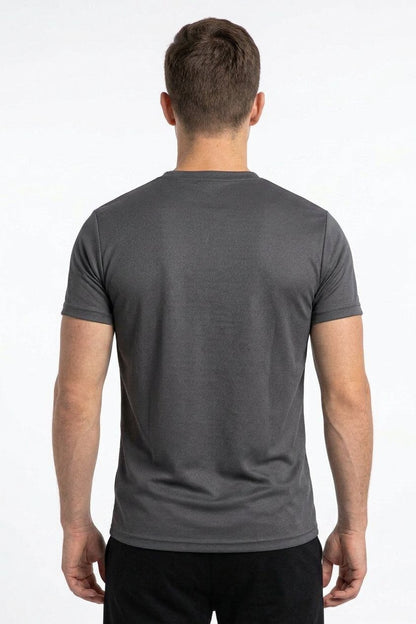 Back view of men’s black textured short-sleeve performance T-shirt
