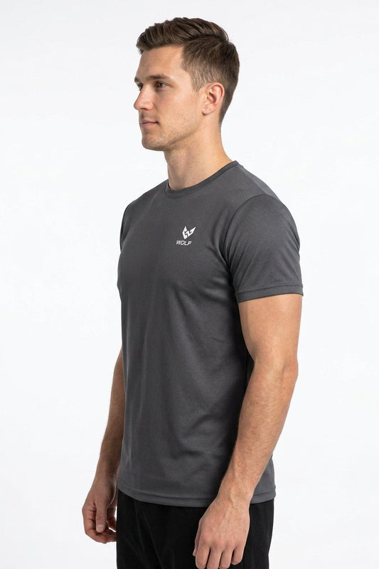 Side view of men’s black RUNNING athletic T-shirt with Wolf Gears sleeve logo

